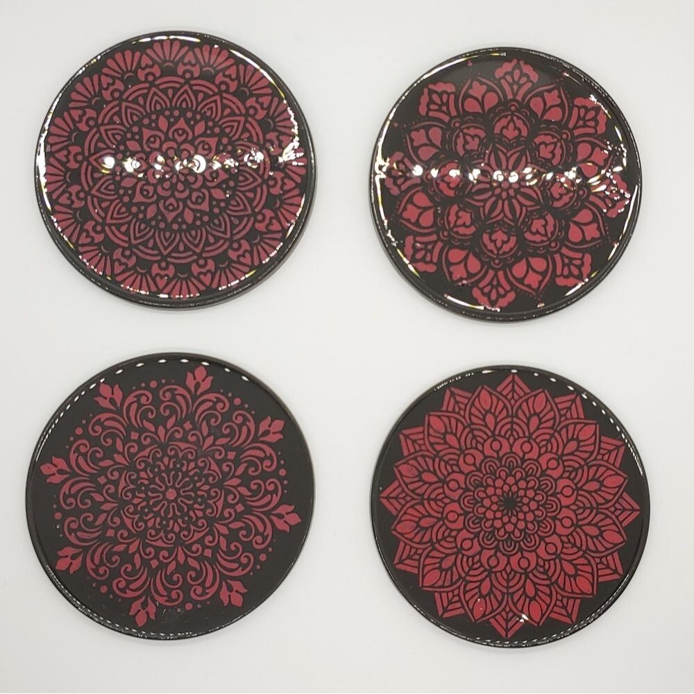 Mandala Coasters Set Black w/ Red